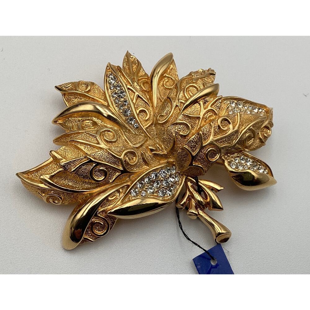 Made in France Gold Tone Leaf Brooch Rhinestones Statement Pin
